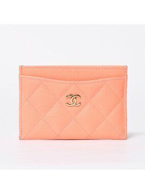 Chanel Quilted Card Case Caviar Leather Coral Pink Gold